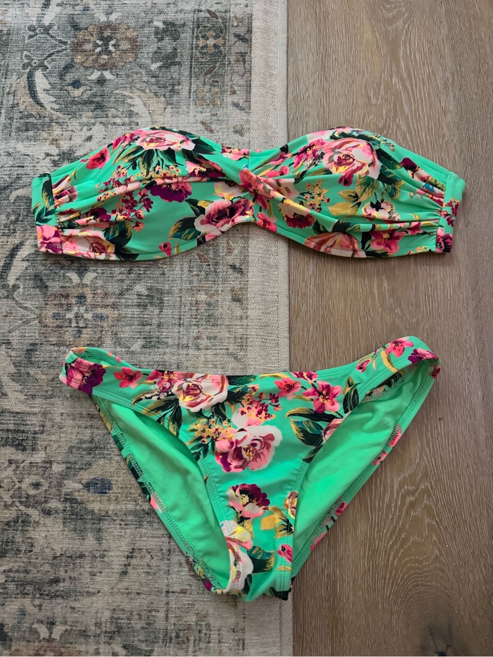 Eidon Aqua Floral Bandeau Bikini Set Bright Mint Green Large top medium bottom